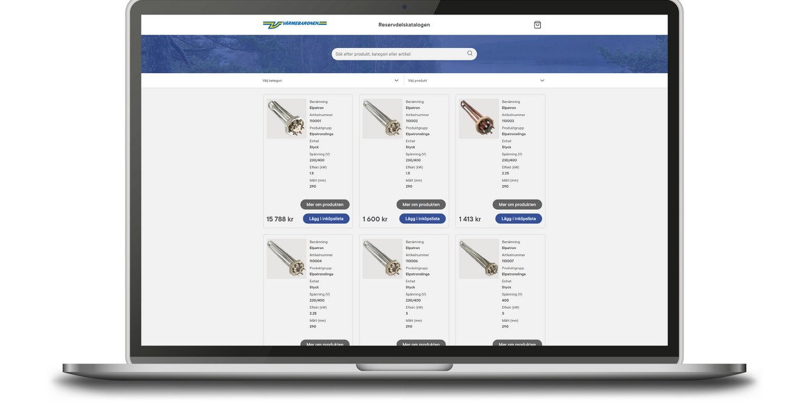 Mock-up på en laptop med reservdelskatalogen på.